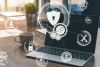 layer of different security symbols in front of a laptop 