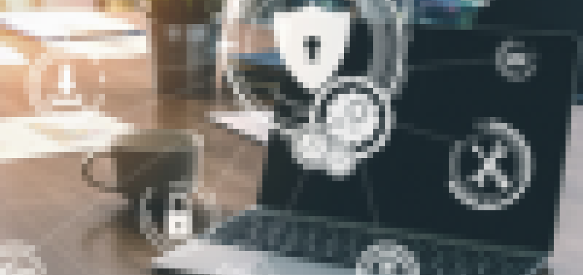 layer of different security symbols in front of a laptop 
